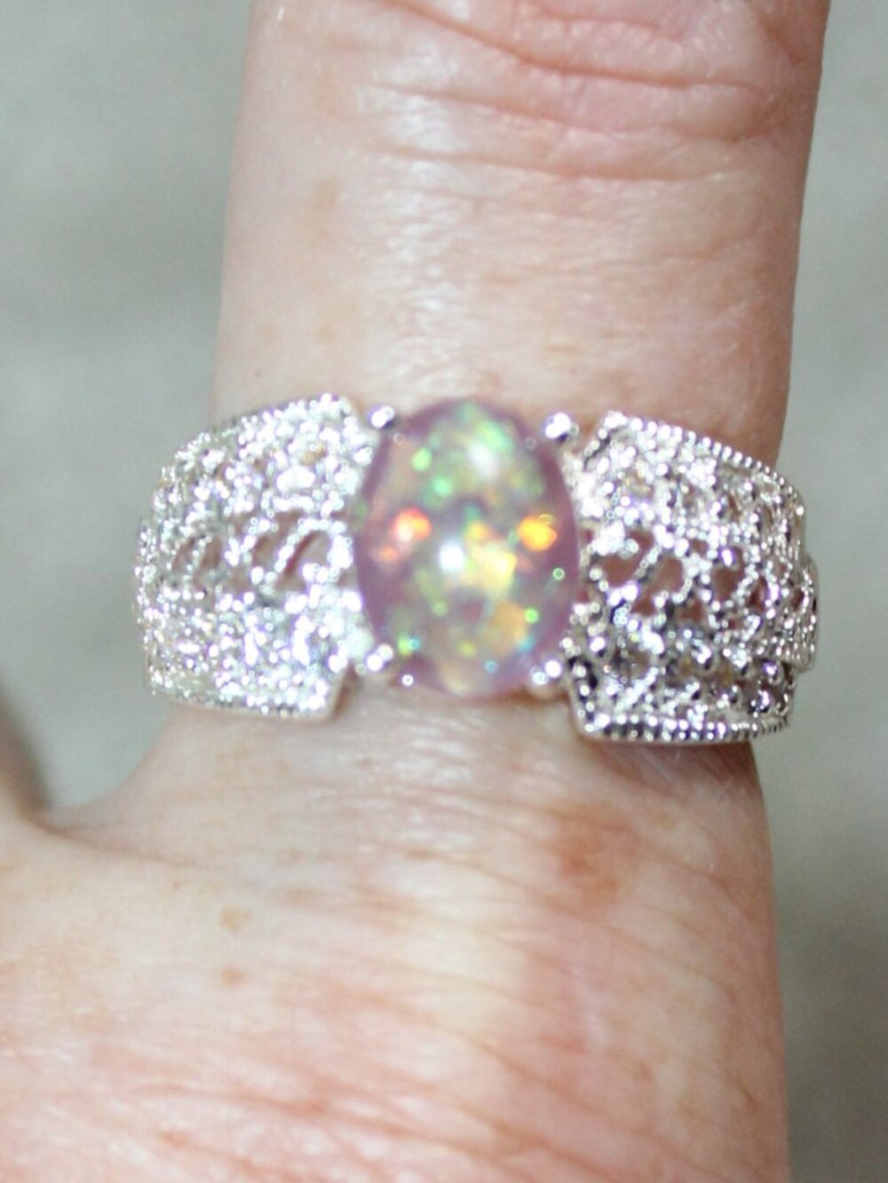 Silver-tone Size 7 Oval Moonstone Filigree Design Cocktail Ring